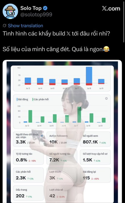 A Twitter post by @solotop999 in Vietnamese showing social media analytics with bar charts and metrics including 3.3K followers, 10K active followers, and 807.1K views.