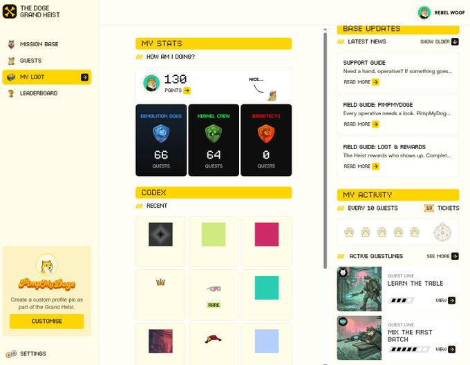 A 'The Doge Grand Heist' dashboard interface showing 'MY STATS' with 130 points under the user 'REBEL WOOF', alongside quest stats for 'DEMOLITION DOGS' (65), 'HEROIC CREW' (64), and 'BARKITECTS' (0), plus a codex and activity feed.
