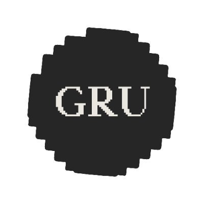 A black pixelated badge/logo with the white text 'GRU' on it.