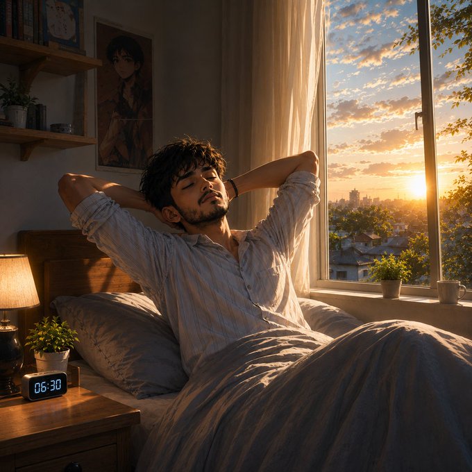 A young man with dark curly hair and a beard stretches leisurely in bed, bathed in warm golden sunrise light streaming through a window overlooking a city skyline, with a digital clock on the nightstand reading "06:30" — perfectly capturing the peaceful early morning moment of waking up to embrace a fresh new day and new opportunities as mentioned in the post.