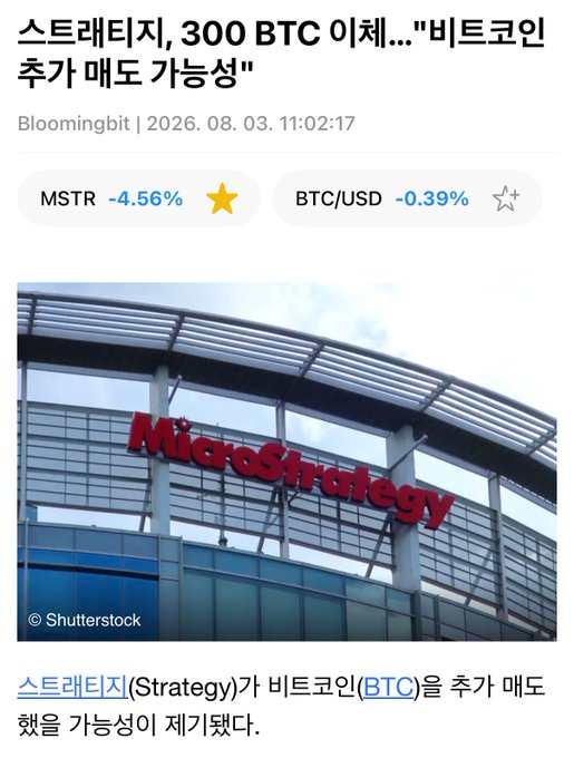 The headline "Strategy, 300 BTC Transfer... 'Possibility of Additional Bitcoin Sale'" is displayed above an image of the MicroStrategy building, relating to the post's discussion of selling Bitcoin.
