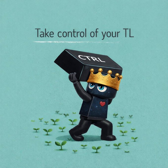 A digital illustration with a teal background shows a cartoon character with a black body, blue eyes, and a small red heart on its chest, wearing a golden crown and lifting a large black keyboard key labeled "CTRL" above its head. The character stands among small green sprouts, and bold black text at the top reads "Take control of your TL."