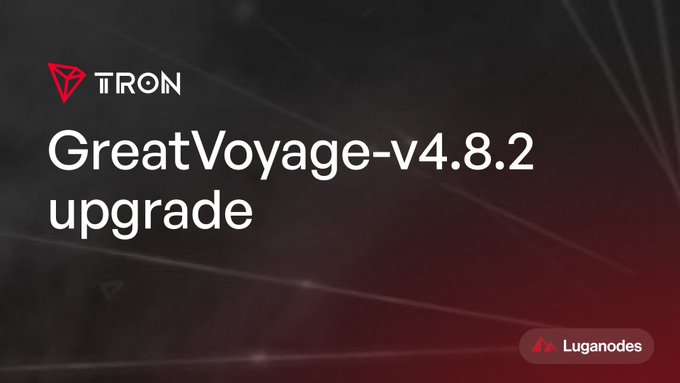 A promotional graphic for TRON's GreatVoyage-v4.8.2 network upgrade, featuring the TRON logo and the Luganodes branding in the corner against a dark red background with network-like light streaks, aligning with the post announcing the upgrade's focus on compatibility and network development.