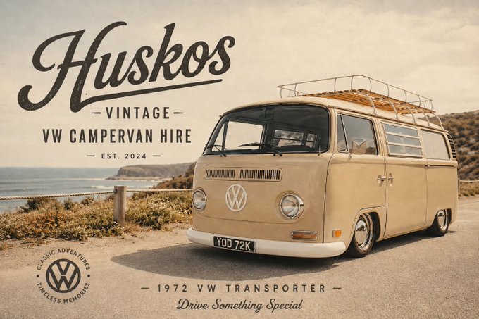 An advertisement for 'Huskos Vintage VW Campervan Hire' featuring a 1972 VW Transporter with the text 'EST. 2024' and 'Drive Something Special.'