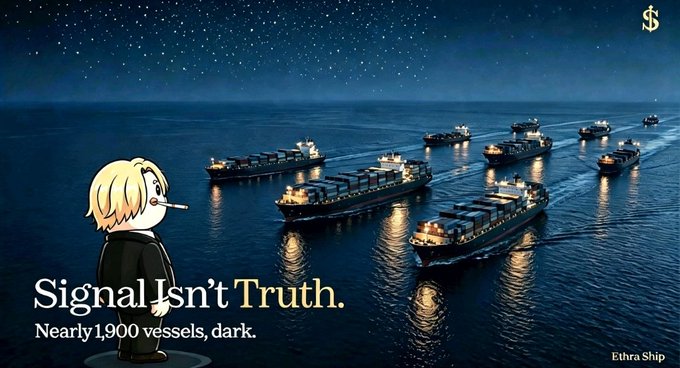 A blonde-haired figure smokes a cigarette, watching a fleet of cargo ships navigate dark waters under a starry sky, with text reading "Signal Isn't Truth. Nearly 1,900 vessels, dark." and "@EthraShip" branding, illustrating the post's message about maritime vessels vanishing from tracking systems and the uncertainty that creates.