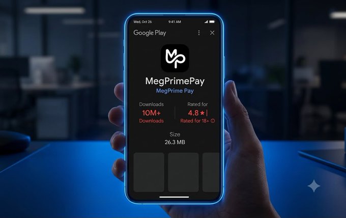 A hand holds a smartphone displaying the Google Play store listing for "MegPrimePay," an app showing 10M+ downloads, a 4.8-star rating, and a 26.3 MB file size. The image illustrates the app's official launch on Google Play, supporting the post's announcement that MegPrimePay is now available for users to pay bills with crypto and earn rewards.