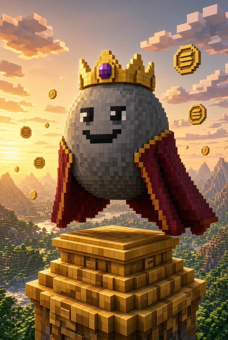 A 3D pixel-art style king egg character with a crown and red cape floating above a gold pedestal in a Minecraft-like landscape with coins.