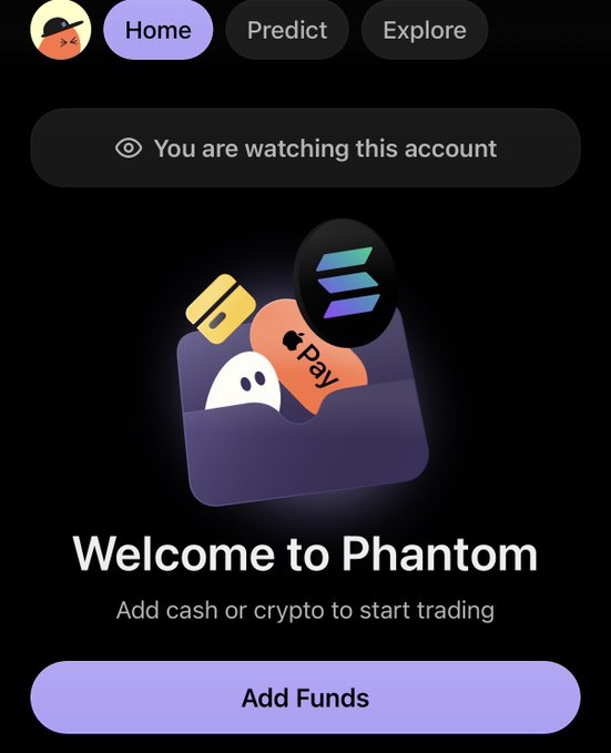 The image shows the Phantom crypto wallet app with a "You are watching this account" indicator at the top, an illustration of cards/cards with payment logos, the text "Welcome to Phantom - Add cash or crypto to start trading," and an "Add Funds" button. It illustrates the user's frustration about being in a limited viewing mode on their own account, which prevents them from transferring tokens and makes the mobile app feel like a downgrade from the desktop extension.
