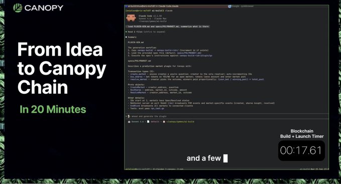 A thumbnail for a video titled 'From Idea to Canopy Chain in 20 Minutes,' showing a code editor with a blockchain build and launch timer at 00:17.61 and the caption 'and a few'.