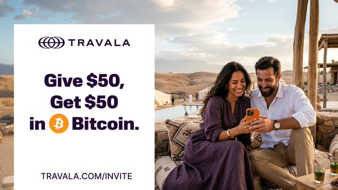 The image shows a man and woman sitting together on couches, looking at each other's cell phones. They seem engaged in conversation or sharing something interesting that they have found on their phones. In the background, there are palm trees and mountains, which give an impression of a tropical location. The image also features text elements such as "Travala Invite Program" and "give $50, get $50 in Bitcoin". This information suggests that the couple is receiving an invitation to participate in a special event or receive payment for their time through virtual currency.