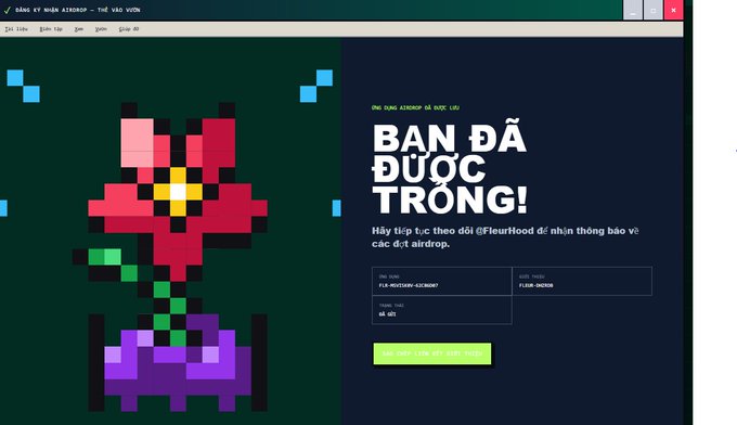 A screenshot of a Vietnamese-language crypto airdrop webpage with the headline 'BẠN ĐÃ ĐƯỢC TRÚNG!' and a pixel-art rose character on the left.