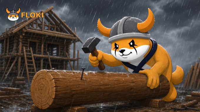 The image features a cartoon fox wearing a helmet with horns and holding a hammer while standing next to a log. The background shows a house under construction, indicating that the fox might be involved in building or repairing the structure. The caption of the image reads "No matter what, $FLOKI just keeps building No matter the storm or rainbow, it'S always working". This suggests that the fox is determined and focused on completing its tasks regardless of the weather conditions or other obstacles.