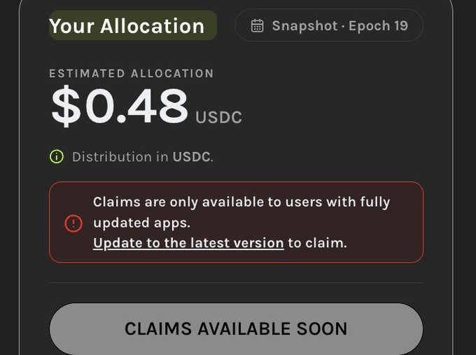 A dark-themed allocation checker interface shows "Your Allocation" of "$0.48 USDC" for "Snapshot · Epoch 19," with a red warning stating claims require the latest app version and a "CLAIMS AVAILABLE SOON" button at the bottom, illustrating one user's modest share of the Grass Season 2 airdrop distribution.
