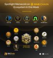 The image features a poster for BNB Chain tokens, with a black background and gold text. The poster displays various coins from different token pools, including some that are not listed as top 10. There are also logos of other cryptocurrency exchanges such as Binance, Ripple, and Gemini. The post is titled "Spotlight Memecoin on BNB Chain Ecosystem in This Week" and includes a link to the website "www.rhealtheducation.com".