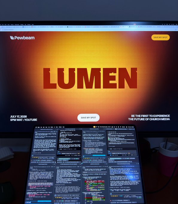 A laptop displaying code sits in front of a monitor showing a Pewbeam promotional page for "LUMEN," scheduled for July 17, 2026, at 5PM WAT on YouTube, teasing "the future of church media." The image reflects the excitement of an upcoming tech-focused event with both code and promotional branding visible.