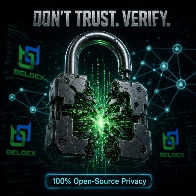A promotional graphic for BELDEX cryptocurrency featuring a shattered padlock emitting green digital energy, with the tagline 'DON'T TRUST. VERIFY.' and '100% Open-Source Privacy'.