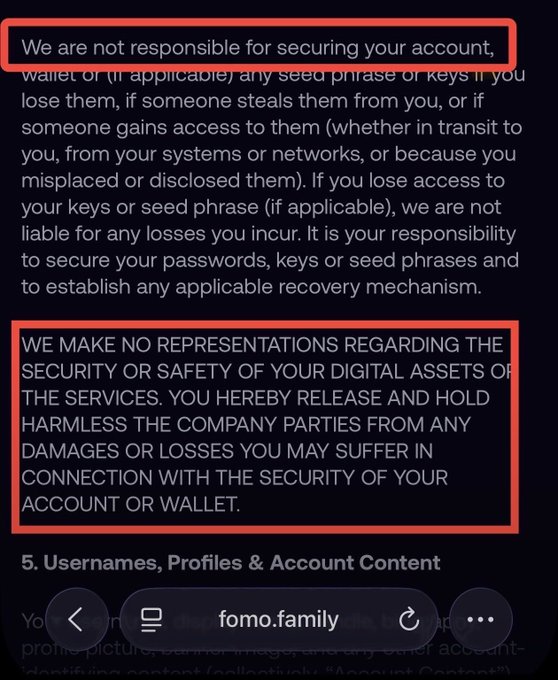 A screenshot of fomo.family's terms of service highlighting that they "are not responsible for securing your account" and explicitly disclaim liability for any damages or losses related to wallet security.