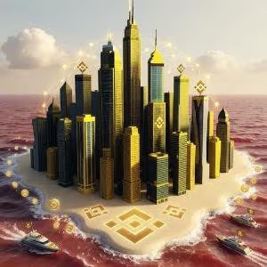 A surreal golden city skyline with Binance-style diamond logos, situated on an island surrounded by red liquid.