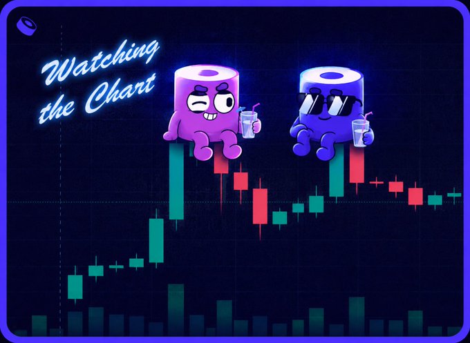 A digital illustration with the text 'Watching the Chart' featuring two cartoon cryptocurrency characters (one pink, one blue) wearing sunglasses and holding drinks, sitting atop candlestick chart bars.
