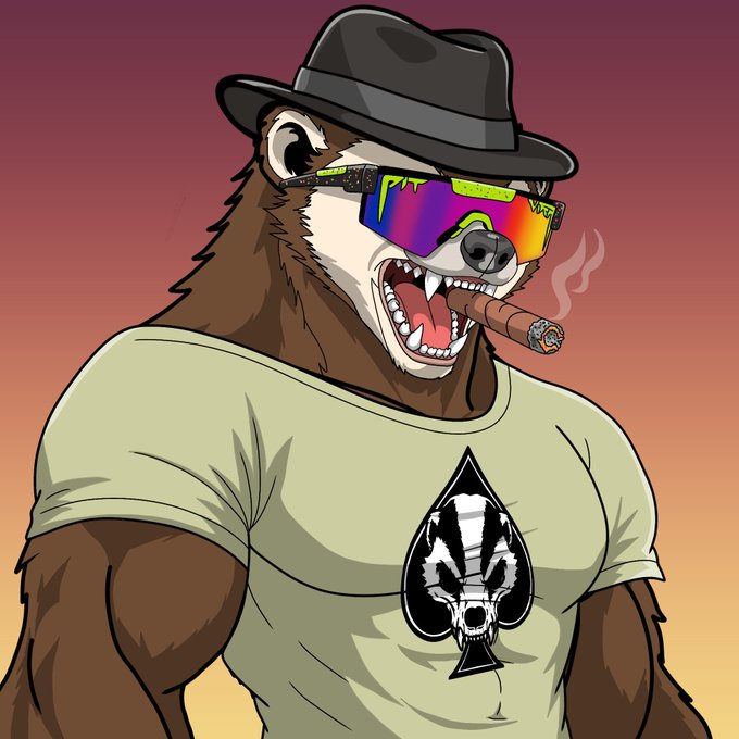 An aggressive cartoon illustration shows a bear wearing a black fedora, rainbow sunglasses, and a t-shirt featuring an ace of spades skull design, while smoking a cigar.