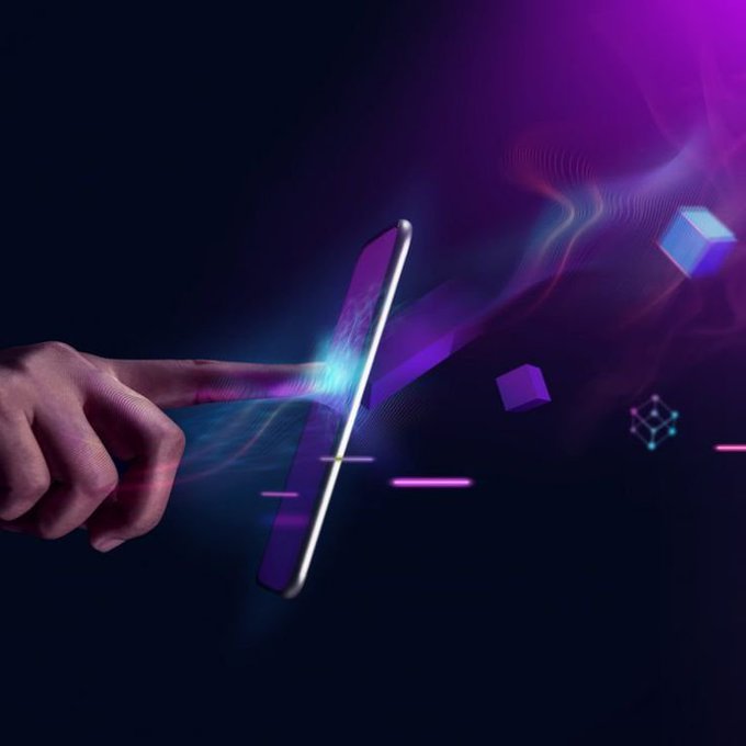 A stylized digital image showing a hand reaching toward a floating smartphone with glowing purple and blue light effects emanating from the screen.