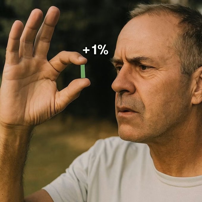 A man holding up a tiny green sliver between his fingers with the text '+1%' above it, examining it closely.