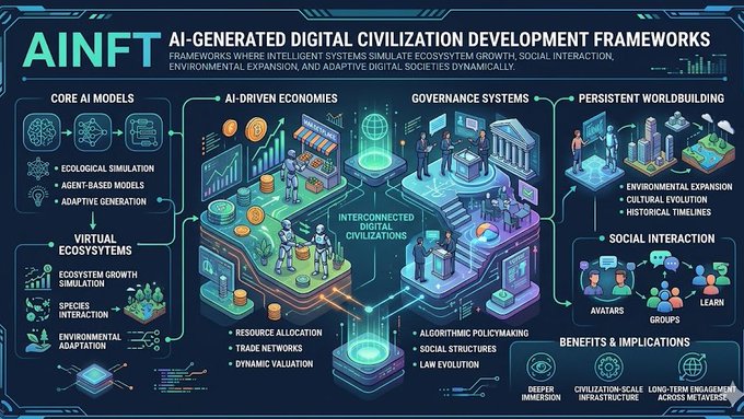 The image features a digital illustration depicting an AI-generated cityscape that includes various buildings, machines, and people as part of the city's ecosystem. It is presented as a poster or infographic on display with text descriptions explaining each component of the digital civilization. The primary focus of the image is to showcase the concept behind AINFT AI-generated digital civilization development frameworks and how they are designed to create interconnected digital environments that serve multiple purposes, such as economies, governance systems, social structures, and persistent worldbuilding. This unique approach to development fosters progress and innovation by utilizing AI technology within various fields like agriculture, manufacturing, transportation, and communication.
