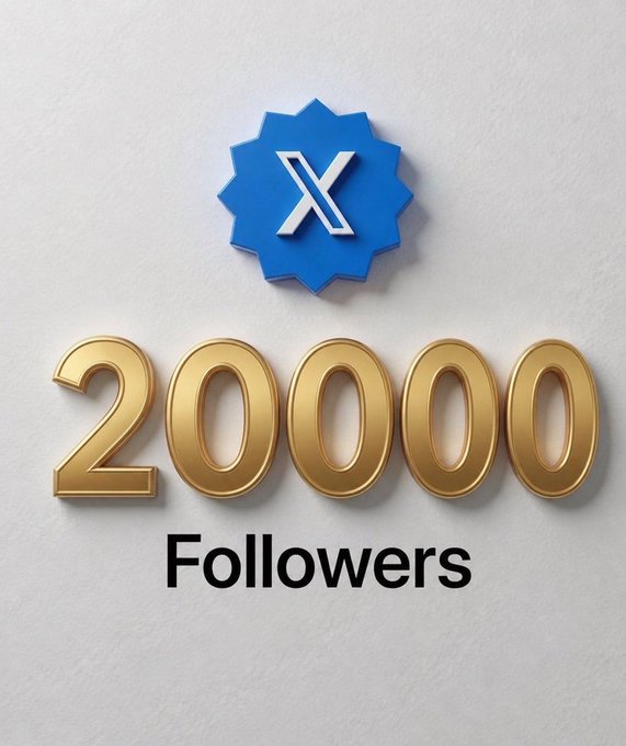 The image shows a blue verified-style badge featuring the X logo above large gold 3D text reading "20000 Followers," celebrating a follower milestone on the @LaughXRP X account being promoted in the post.