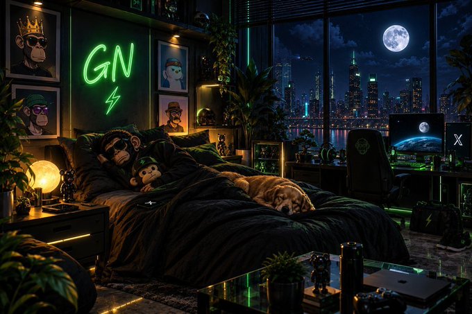 Stylized nighttime bedroom scene featuring a sleeping monkey in a dark hoodie with glowing green neon "GN" sign and lightning bolt on the wall, monkey-themed artwork, lush plants, a gaming setup with an Earth display, and a city skyline under a full moon visible through the window.