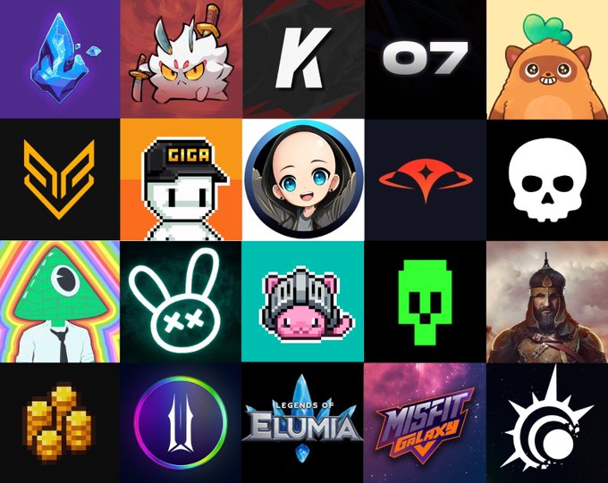 A grid of 20 colorful NFT and crypto project logos, including recognizable names like Legends of Elumia and Misfit Galaxy.