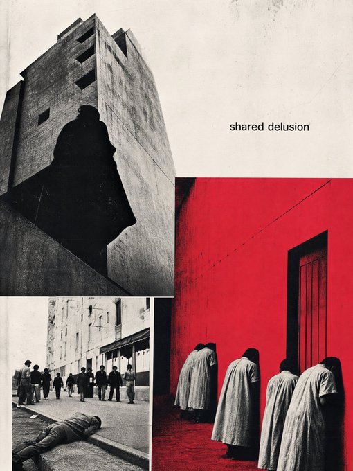 A collage featuring black and white photographs with red accents showing people in robes, a person lying on the ground, and a building with a figure silhouette, titled 'shared delusion'.