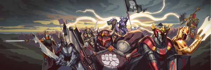 An animated banner showing a lineup of fantasy warriors and knights with swords, shields, and banners against a stormy sky.
