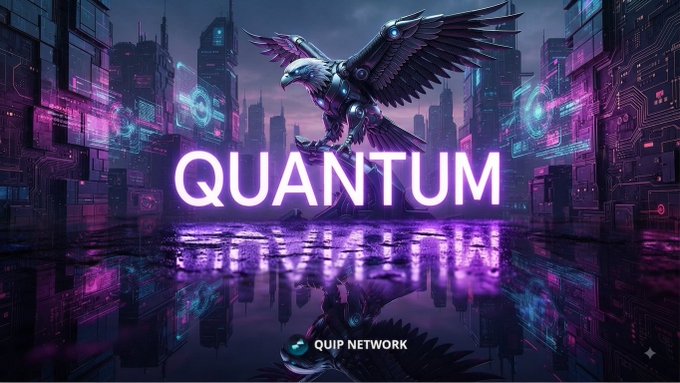 A neon purple cyberpunk-style graphic featuring a mechanical eagle flying over a futuristic city skyline, with the large text 'QUANTUM' and 'QVIP NETWORK' below.