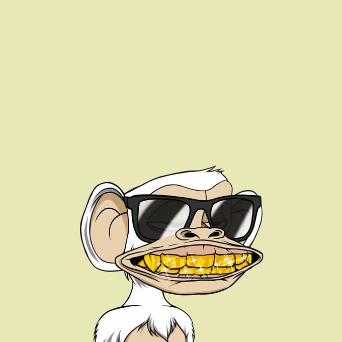An NFT-style illustration of a cartoon monkey wearing black sunglasses and displaying a large gold-grilled smile against a pale yellow background.