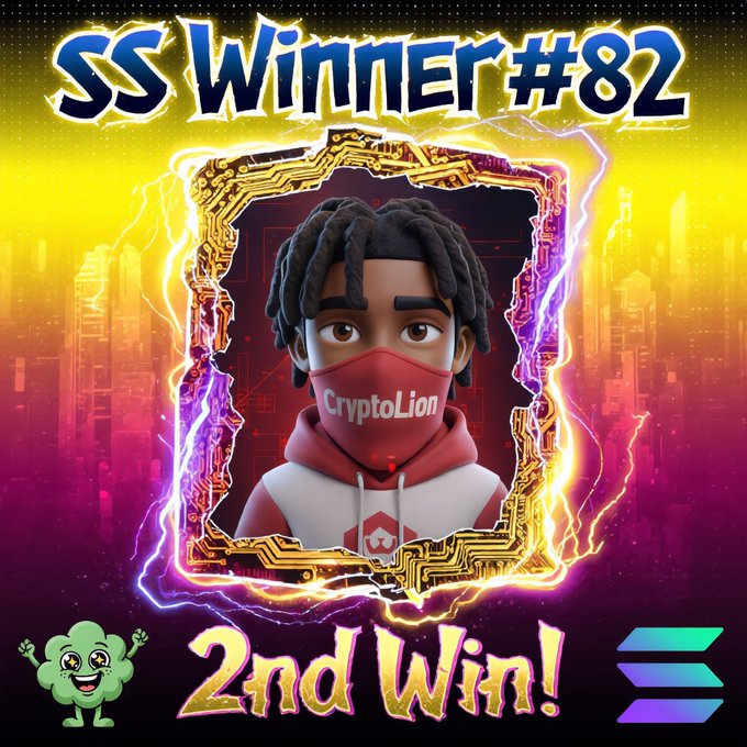 A celebratory graphic announces "SS Winner #82" featuring a 3D avatar named "CryptoLion" with a red mask and hoodie, set within an electric, circuit-board frame. The image highlights the winner's "2nd Win!" milestone, aligning with the post's announcement congratulating Sadiqjhussaini0 as the Smurf Spotlight winner and reminding them to follow the requirements to also win $50 in $SOL.