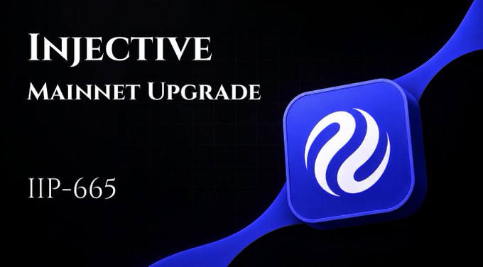 A dark graphic announcing 'INJECTIVE MAINNET UPGRADE' with 'IIP-665' and the Injective logo on a blue 3D tile.