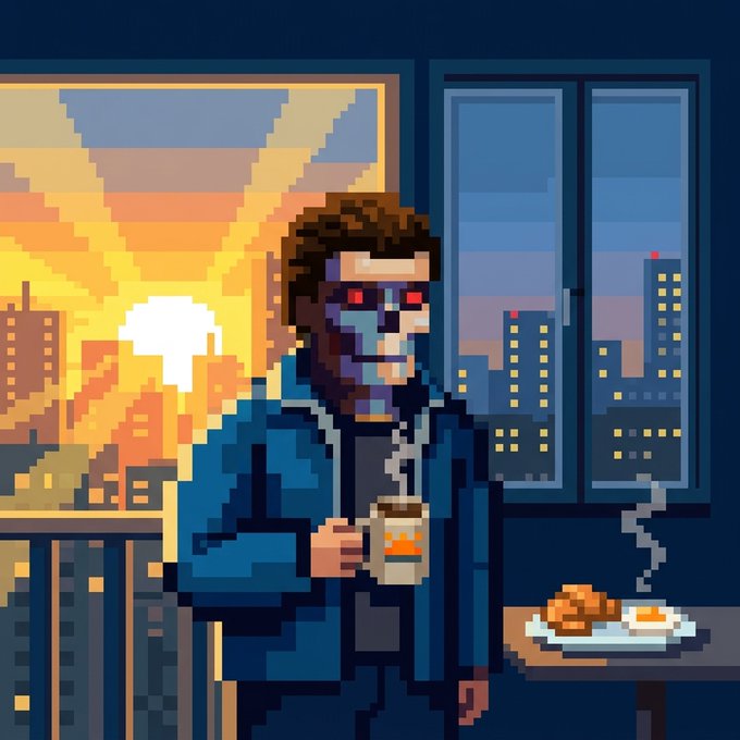 Pixel art illustration of a bearded man in a blue jacket holding a coffee mug at sunset, with a cityscape visible through the window and a pastry on the table beside him.