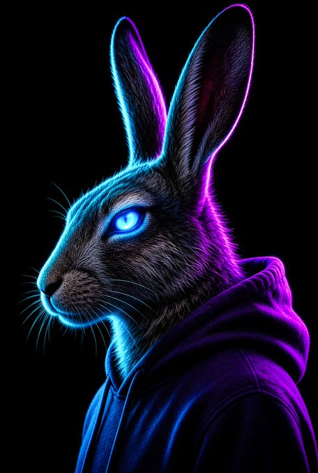 A black rabbit wearing a purple hoodie with glowing blue eyes illuminated by neon cyan and magenta lighting against a dark background.