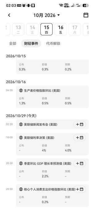 Chinese financial calendar app screen for “10月 2026,” with tabs “全部,” “财经事件,” and “代币解锁,” listing dates such as 2026/10/15, 2026/10/16, and 2026/10/29 and events including “生产者价格指数对比 (美国),” “美联储利率决议 (美国),” “季度环比 GDP 增长预测值 (美国),” and “核心个人消费支出价格指数环比 (美国).”