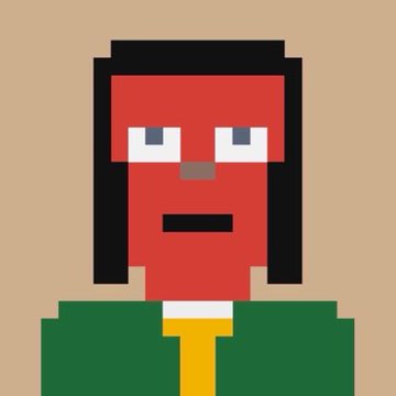 A pixel art illustration of a red-faced character with black hair and a green outfit against a tan background.