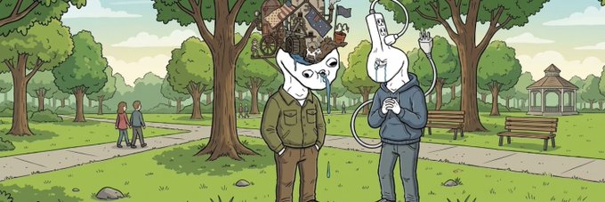 In a park setting, two figures with cartoonish white blob-like heads stand together, one wearing a house on his head and a green jacket while the other, wearing a blue hoodie, holds a magnifying glass. The scene connects to the post's promotion of "3 GTD & 10 FCFS Spots" for a "bhretards" drop, suggesting the image's quirky, meme-inspired aesthetic aligns with the NFT project's branding.