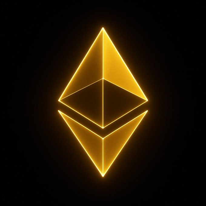 The image features a 3D rendering of an eth token, which appears as a bright yellow triangle against a black background. The token has three sides, each with a unique design that resembles a pyramid shape. The text "ETH IS PROGRAMMED" is written in white at the bottom right corner of the image.