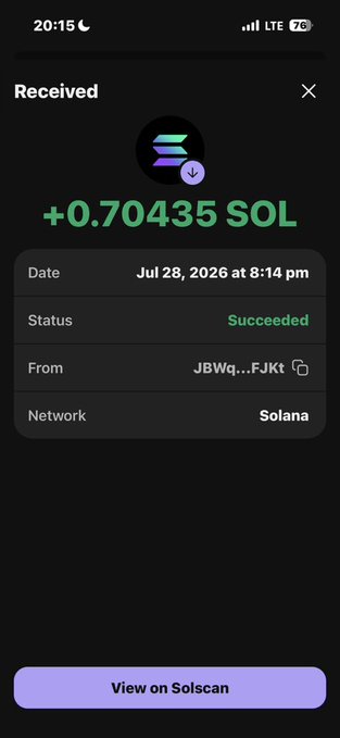 A mobile wallet screenshot showing a successful Solana transaction receipt of '+0.70435 SOL' received on Jul 28, 2026, with a 'View on Solscan' button.
