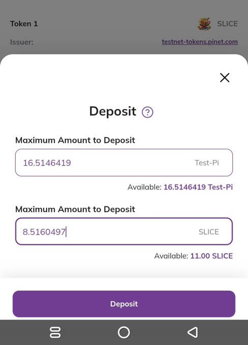 A Pi Launchpad deposit interface where entering 16.5146419 Test-Pi auto-populates the required 8.5160497 SLICE token amount, showcasing the new feature that simplifies depositing Test-Pi alongside a secondary token into a liquidity pool.