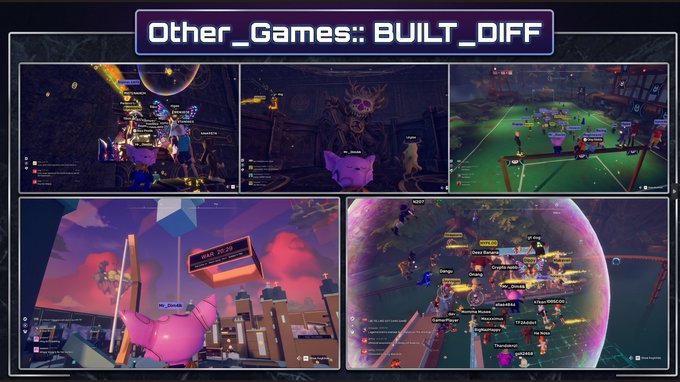 A promotional collage titled 'Other_Games:: BUILT_DIFF' showcasing various in-game screenshots from a virtual multiplayer game featuring colorful environments, players with usernames, and distinctive graphics.