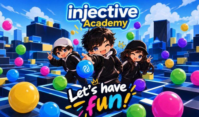 An anime-style promotional image featuring three characters in black outfits surrounded by colorful marbles, with text reading 'injective Academy' and 'Let's have fun!'.