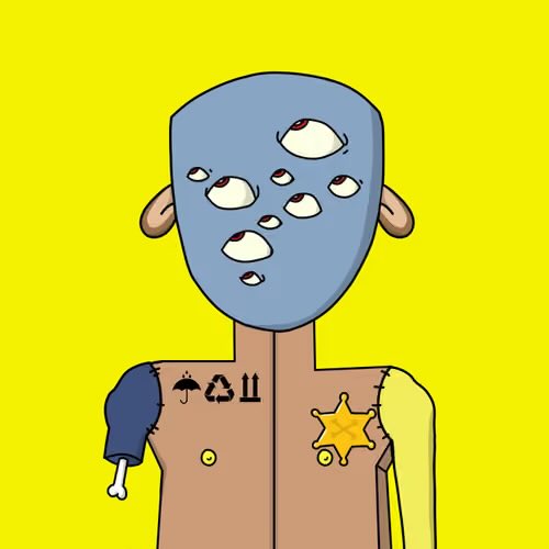 A surreal cartoon illustration of a figure with a large blue head covered in multiple eyes, stitched-together limbs of different colors, and symbols (umbrella, recycling, pause) tattooed on its chest against a yellow background.