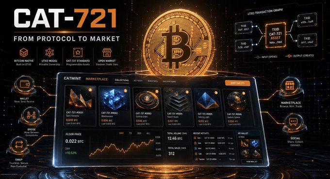 The image showcases the "CAT-721 From Protocol to Market" dashboard, featuring a central Bitcoin graphic, a UTD Transaction Graph tracking CAT-721 Passes, and a CATMINT marketplace interface with collections, floor price (0.022 BTC), 24H activity, and total volume (12.46 BTC, 312 sales).

This visual ties to the post's theme of progressing from pure technical analysis toward market-facing realities—the dashboard emphasizes not just protocol specs but real metrics like floor price, volume, and marketplace activity, reflecting the shift from "innovation-driven" curiosity to pragmatic, performance-and-demand-oriented evaluation.