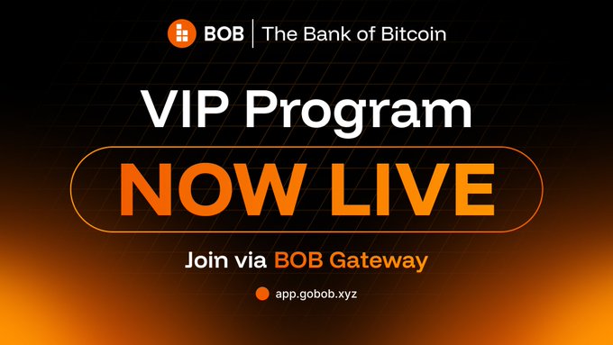 A promotional graphic for 'BOB | The Bank of Bitcoin' announcing their VIP Program is 'NOW LIVE', directing users to join via BOB Gateway at app.gobob.xyz.