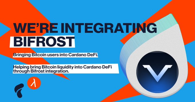 A bold graphic announces "WE'RE INTEGRATING BIFROST" with the tagline "Bringing Bitcoin users into Cardano DeFi" and a note about bringing Bitcoin liquidity into Cardano DeFi through Bifrost integration, featuring the FluidTokens and Bifrost logos alongside the Vortex (V) logo—visually reinforcing the post's praise of FluidTokens' work and support for integrating Bifrost to unlock Bitcoin liquidity for Cardano DeFi.